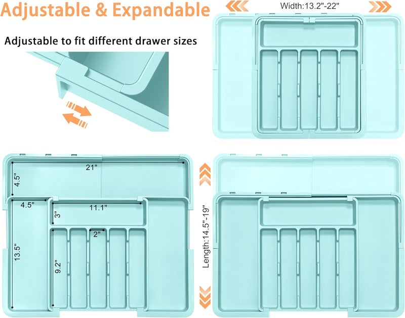 Spaclear Silverware Organizer Expandable Kitchen Utensil Drawer Organizer Large BPA Free Adjustable Cutlery Silverware Tray for Spoons Forks Knives Storage Divider for Kitchen Flatware 6-9 Slots Turquoise - Image 2
